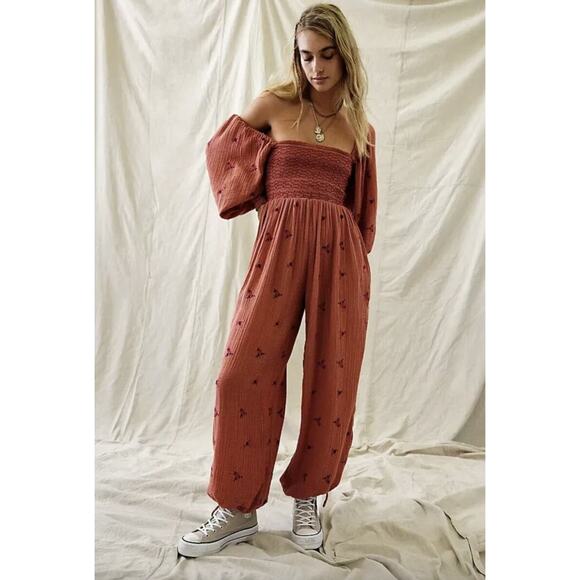 Free People Dahlia Jumpsuit Floral Wide Leg Smocked Pink Red XS Embroidery Boho - Picture 1 of 9